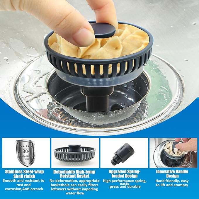 2 Pack 3 in 1 Kitchen Sink Drain Strainer Stopper & Stainless Steel Kitchen Sink Strainers Plug & Upgraded Sink Installation Parts with Anti-Clogging Basket, Fits US Standard 3-1/2'' Hole