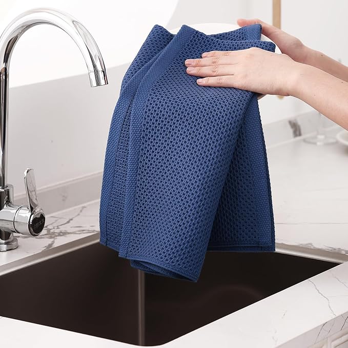 Homaxy 100% Cotton Waffle Weave Kitchen Dish Towels, Ultra Soft Absorbent Quick Drying Cleaning Towel, 20x28 Inches, 6-Pack, Navy Blue