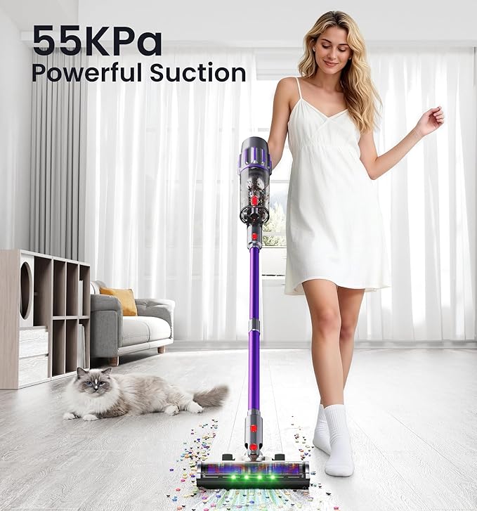 Cordless Vacuum Cleaner,650W 55KPA 90Mins Vacuum Cleaners for Home with Self-Standing,Smart Display,V-Shaped Anti-Tangle Brush,Wall Mount Charging,Cordless Stick Vacuum for Home,Floors,Carpet,Pet Hair