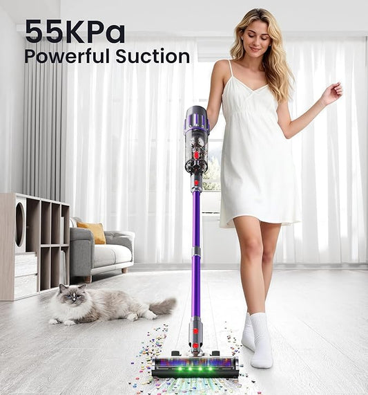 Cordless Vacuum Cleaner,650W 55KPA 90Mins Vacuum Cleaners for Home with Self-Standing,Smart Display,V-Shaped Anti-Tangle Brush,Wall Mount Charging,Cordless Stick Vacuum for Home,Floors,Carpet,Pet Hair