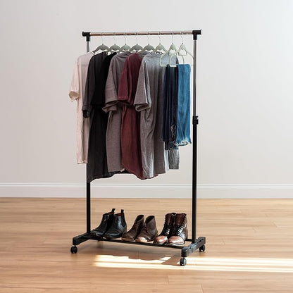 IRIS USA Clothes Rack, Portable Single-Rod Height Adjustable with Lockable Wheels, Rolling Garment Rack, Single Rod Wardrobe Rack, Easy Assemble, for Clothes, Belts, Shoes, and Bags
