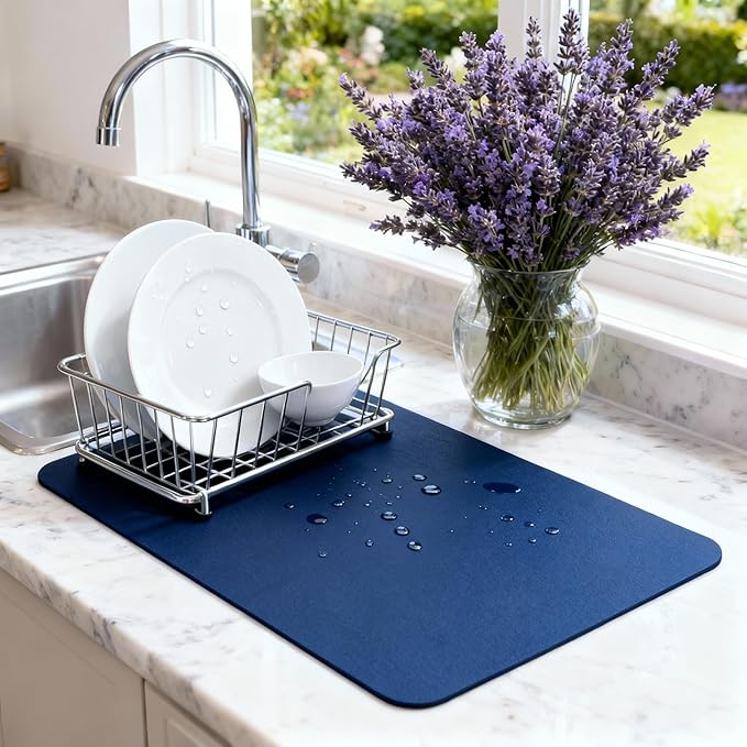 Dish Drying Mat Super Absorbent – 24" x 16" Coffee Mat for Countertops – Non-Slip Drying Mat for Kitchen Counter – Easy to Clean Water Absorbent Mat – Large Dish Drying Mats (Navy Blue)