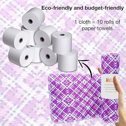 Pack of 10 Reusable Paper Towels | 10x10 Inch Cotton Towels | Kitchen Utensils Print | Eco Friendly, Washable, Quick Drying | Sustainable Cleaning Cloths | Purple Chex