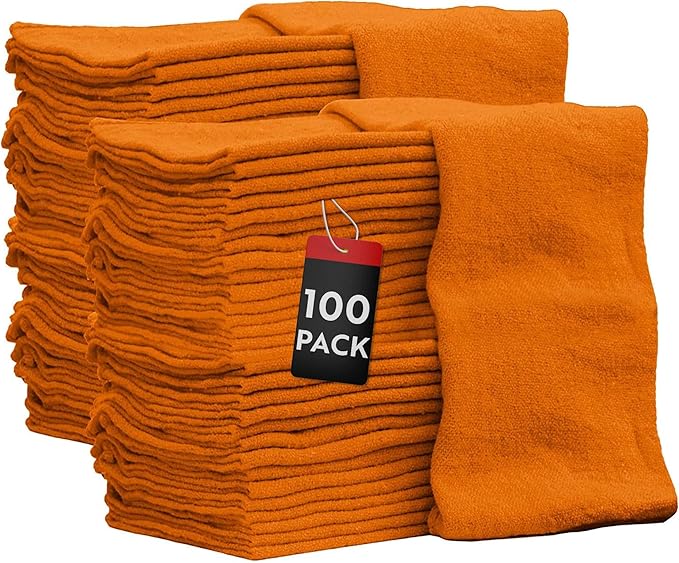 Nabob Wipers Auto Mechanic Shop Towels 100 Pack Bulk Rags 100% Cotton Commercial Grade Shop Rags Size 14"x14" (100 Pack, Orange)