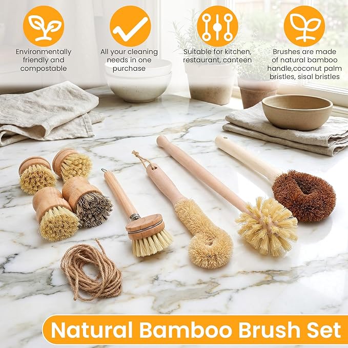 8 Pcs Bamboo Dish Brush Dish Washing Scrub Bottle Brushes Wooden Palm Pot Brush Cleaning Scrubbers with Natural Sisal Bristles Long Handle for Pots Pans, Vegetables, Household Cleaning
