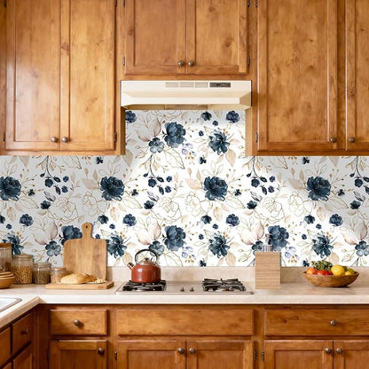 Navy Blue Floral Peel and Stick Wallpaper Self Adhesive Removable Thick Vinyl Watercolor Botanical Flower Gold Line Accent for Bedroom Bathroom Living Room Accent Wall 17.7" x 78.8"