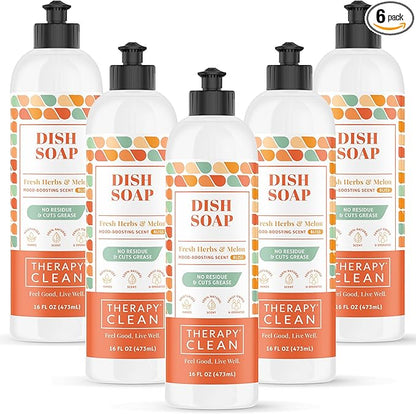 Therapy Clean Dish Soap Fresh Herb & Melon (6-Pack), Dishwashing Liquid, Dishwasher Soap, Natural Dish Soap Refill, Dishsoap, Dish Washing Liquids, Bottle Soap