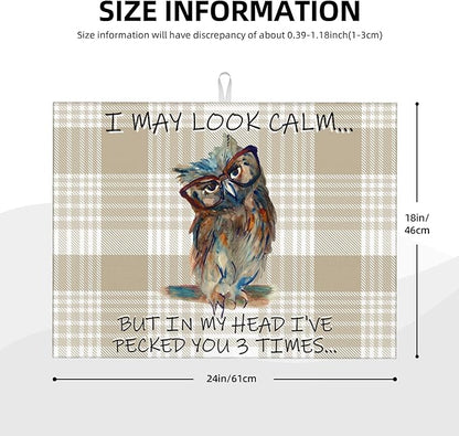 Kitchen Drying Mat Funny Owl Dish Drainer Mat for Kitchen Counter Microfiber Absorbent Reusable Washable 18x24 Inch Home Holiday Decor Cute Buffalo Plaid Drying Pad