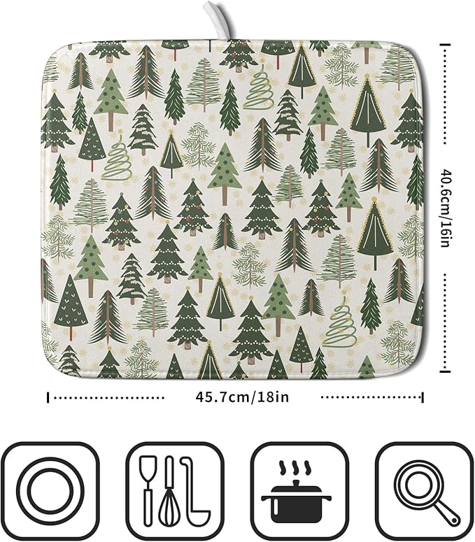 Christmas Dish Drying Mat for Kitchen Counter 16x18 Green Xmas Tree Block Print Winter Holiday Theme Absorbent Reversible Microfiber Drying Mats Kitchen Countertop Protector Dishes Drainer Pad
