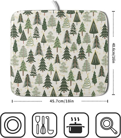 Christmas Dish Drying Mat for Kitchen Counter 16x18 Green Xmas Tree Block Print Winter Holiday Theme Absorbent Reversible Microfiber Drying Mats Kitchen Countertop Protector Dishes Drainer Pad