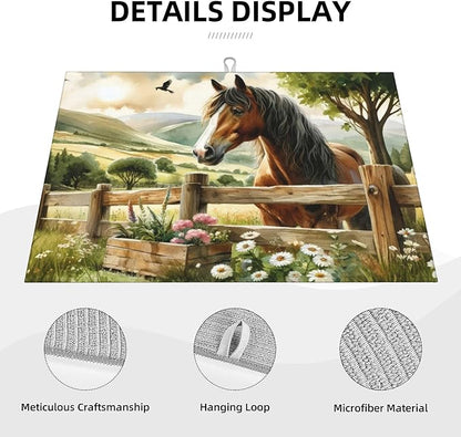 Horse Dish Drying Mats for Kitchen Counter, Absorbent Reversible Microfiber Dish Drying Pad, Multi-Use Large Drying Mat Coffee Bar Accessories 18"x24"