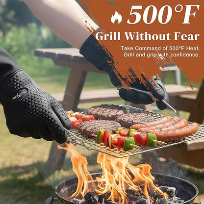 PrettyCare Extra Long 14in Silicone Oven Mitts, 2 Pcs Heat Resistant Waterproof Oven Gloves with Fingers, Non-Slip Cotton Lined Mitt for Baking, Grilling, Air Fryer & Kitchen Essentials, Gift for Men