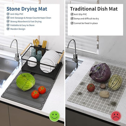 Hopegiver Stone Drying Mat for Kitchen Counter, 24" x 16" Quick Dry Diatomaceous Earth Dish Drying Mat, Super Absorbent, Non-Slip & Foldable, Modern Gray Carve Countertop Mat (GrayCarve,24''x16'')