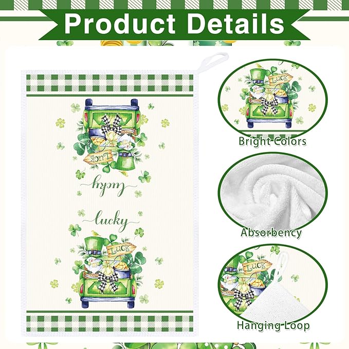 St Patricks Day Kitchen Towels, 4PCS Clover Floral Basket Dish Towels Gifts for Cooking Cleaning, Shamrock Absorbent Tea Towel with Hanging Loop for Home Decor(16 X 24 Inches)