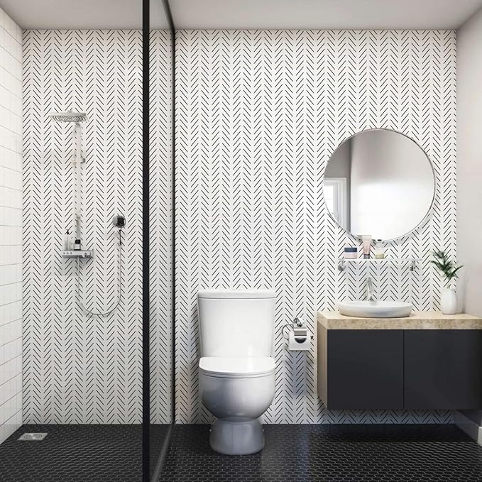 Erfoni Black and White Peel and Stick Wallpaper Modern Herringbone Contact Paper Bathroom 17.7inch x 196.8inch Geometric Removable Wallpaper Peel and Stick Backsplash Self Adhesive Contact Paper