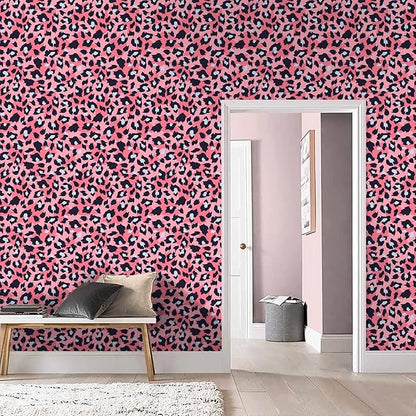 Ismoon 16.1''x118'' Leopard Wallpaper Cheetah Print Peel and Stick Wallpaper Pink Room Decor Funky Contact Paper Bathroom Waterproof Bedroom Removable Self Adhesive Vintage Texture Vinyl Roll
