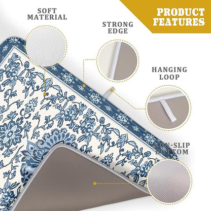 Boho Floral Blue Dish Drying Mat for Kitchen Counter 18x24 Vintage Chinoiserie Flower Print Absorbent Reversible Microfiber Drying Mats Kitchen Countertop Protector Dishes Drainer Rack Pad