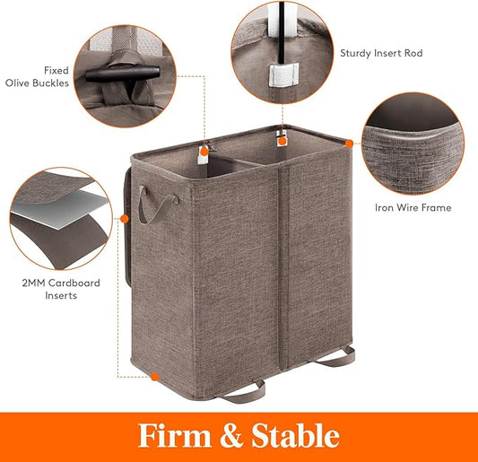 Lifewit Double Laundry Hamper with Lid and Removable Laundry Bags, Large Collapsible 2 Dividers Dirty Clothes Basket with Handles for Bedroom Laundry Room Closet Bathroom College, 136L Brown