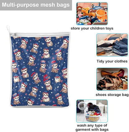 Mesh Laundry Bags Lingerie Bags for Washing Delicates 2 PCS Durable Wash Bag with Zipper Small and Medium Washable 4th July Sloths Blue