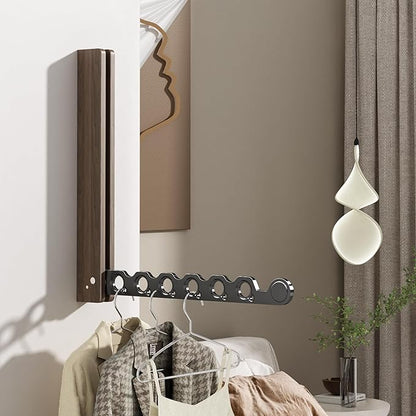 Natural Wood Folding Clothes Hanger Rack for Laundry Room, Wall Mounted Clothes Drying Rack, Laundry Drying Rack Foldable, Perfect for Small Spaces, Walnut Wood Black
