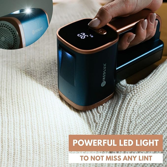 Electric Lint Remover - Rechargeable Fabric Shaver for Clothes & Couch - Adjustable 3-Speed, 6-Leaf Blade, LED Light, USB Charging - Depiller with Dual Protection (Cobalt Blue/Copper)
