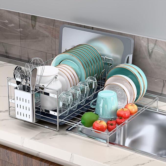 Large Dish Drying Rack, Expandable Dish Rack, 304 Stainless Steel Dish Racks for Kitchen Counter, Multifunctional Dish Drainers with Utensil Holder & Cutting Board Holder