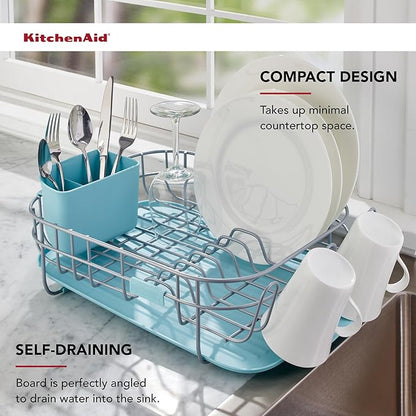 KitchenAid Low Profile Compact Dishrack with Removable Flatware Caddy and Angled Self-Draining Board, Rust Resistant Wires, 12.59 x 17.55 x 6.29 Inch, Mineral Water