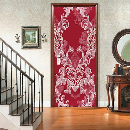 A.Monamour 3D Door Stickers for Interior Doors Damask Pattern of Flowers and Leaves in Red Color Vinyl Waterproof Self Adhesive Door Mural Decals for Bedroom Office Bathroom 85x215cm