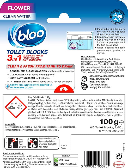New Bloo Toilet Blocks, Pack of 2, Limescale Remover Cistern, Cleaner with Cleaning and Foaming Action, Fresheners – Fresh Flowers