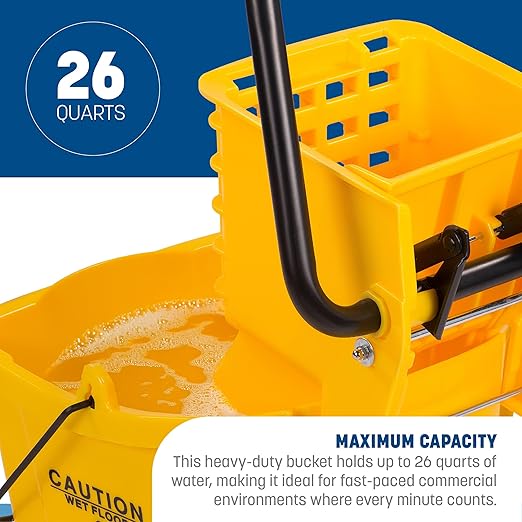 Carlisle FoodService Products 26-Quart Commercial Mop Bucket with Side-Press Wringer, Precision-Molded Polypropylene, Durable Wringer, Bucket with Non-Marking Casters, 18.5 x 16.5 x 23 Inches, Red