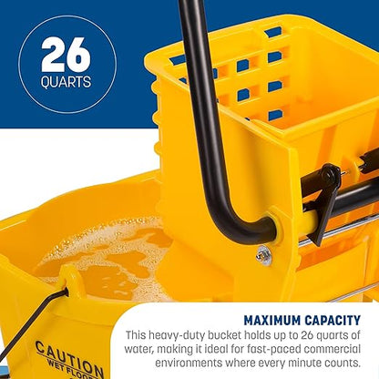 Carlisle FoodService Products 26-Quart Commercial Mop Bucket with Side-Press Wringer, Precision-Molded Polypropylene, Durable Wringer, Bucket with Non-Marking Casters, 18.5 x 16.5 x 23 Inches, Blue