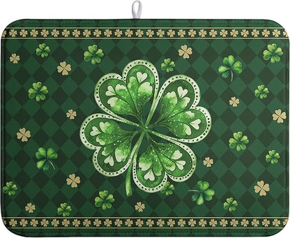 St Patrick's Day Shamrock Dish Drying Mat Green Spring Kitchen Dish Drying Pad Absorbent Dish Dryer Mat for Kitchen Countertops Microfiber Dishes Drainer Pad Dish Drying Rack Mat (18x24 in)