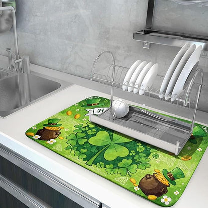 Happy St. Patrick's Day Dish Drying Mat 18 x 24 Inch With Absorbent Reversible Microfiber Spring Lucky Clover Shamrock Hat Drying Green Dish Drainer Mat Fast Dry For Kitchen Dining Room Decor