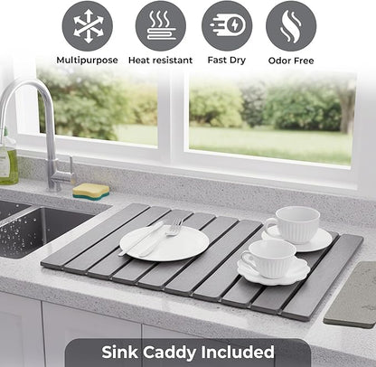 Large Stone Dish Drying Mat for Kitchen Counter, Quick Dry Stone Dishes Mats, Foldable Water Absorbing Diatomaceous Earth Drying Organizer Pad for Rack Bottles Plates(Light Gray 24"×16" & 8"x5")
