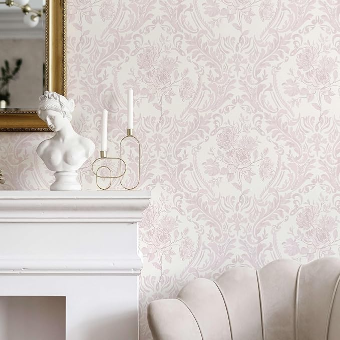 Ismoon Peel and Stick Wallpaper Vintage Floral Contact Paper Boho Watercolor Pink Damask Wallpaper Textured Removable Self Adhesive Vinyl Wall Paper for Bedroom, 17.3inx49ft