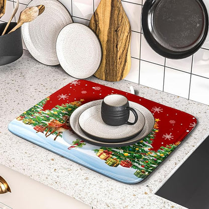 Christmas Snowman Dish Drying Mat for Kitchen Counter,Christmas Tree Winter Snowflake Red Drying Mat 16 x 18 Inch with High Absorbent Reversible Microfiber Dish Drying Pad Drainer Mat for Coffee Bar