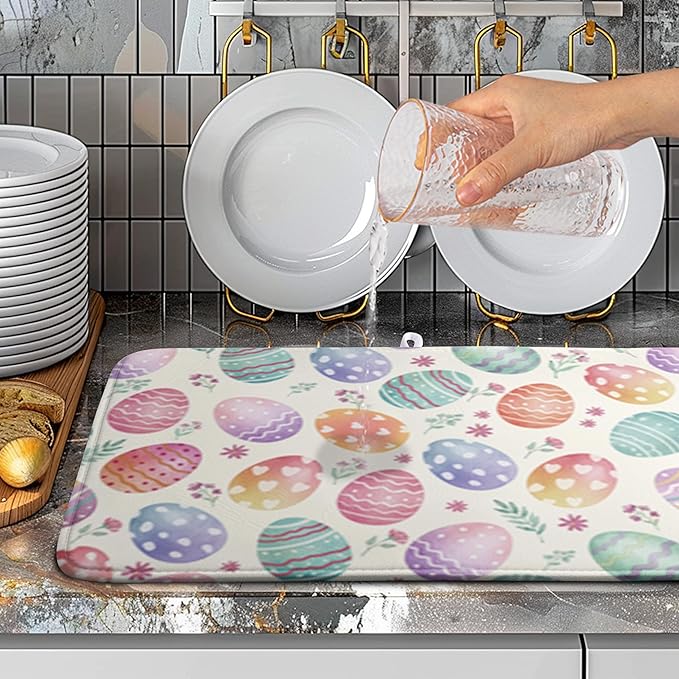 Easter Dish Drying Mat for Kitchen Counter Easter Spring Colorful Eggs Floral Drying Mats Absorbent Reversible Microfiber Washable Draining Pad Washable Dry Mat 18x24 Inch