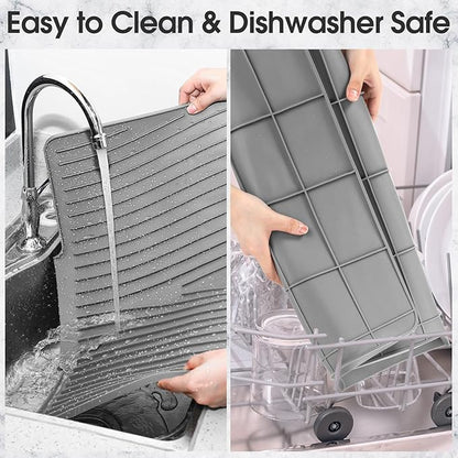 Teenyyou Extra Large Silicone Dish Drying Mat For Kitchen Counter Drying Pad 23.6 x 19 Inch Rubber Dish Drainer Mat with Drain Lip for Sink Drawer Liner(Grey)
