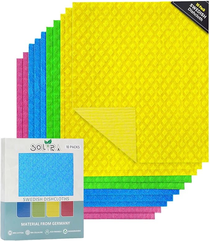10 PCS Swedish Dishcloths for Kitchen 100% Biodegradable | Reusable Cellulose Sponge Cloths | Ultra Absorbent, Eco-Friendly Cleaning Towels | Dishcloths for Washing Dishes & General Cleaning Supplies