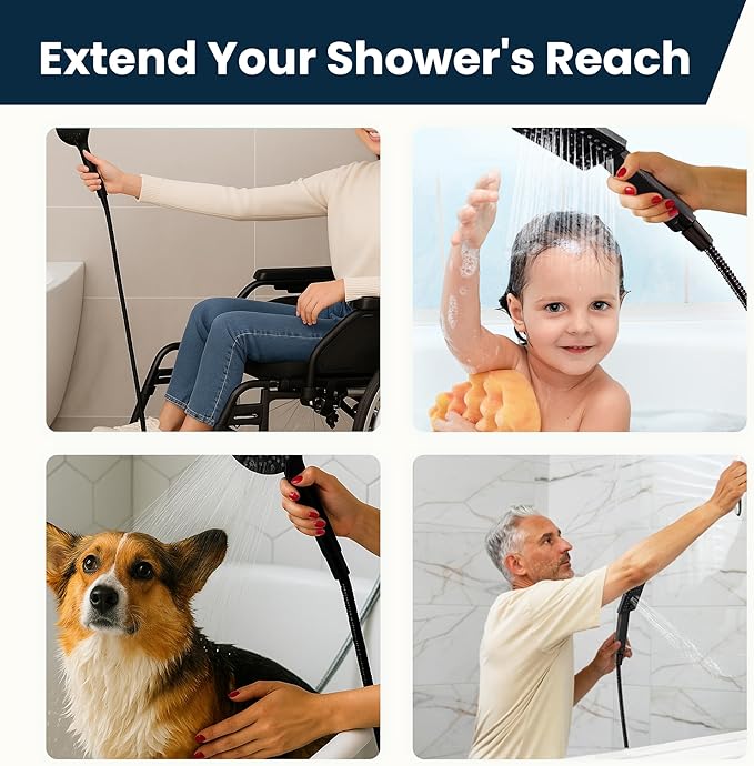 BRIGHT SHOWERS Extra Long Shower Hose 118 Inch, Stainless Steel Handheld Shower Hose with Brass Connectors, Anti-Kink, Leak-Proof, Easy to Install, Fits Most Shower Heads, Matte Black