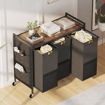 Laundry Hamper, Laundry Basket, Laundry Sorter with Top Shelf & 3 Removable Washable Bags & Side Pockets for Laundry Room organization, Bathroom and Dorm, Rustic Brown and Black