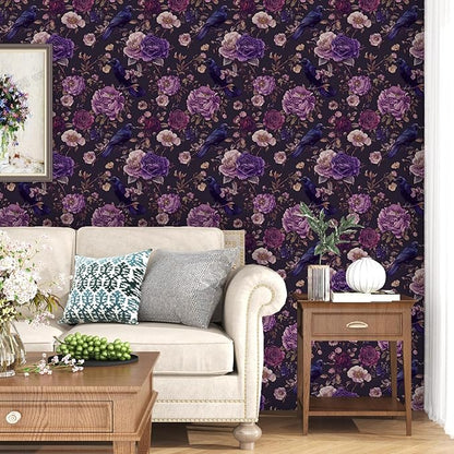 Dark Crow Birds Peel and Stick Wallpaper, Purple Raven Floral Contact Paper 17.5" x 393", Vintage Witchy Wall Paper Self Adhesive Removable Waterproof for Bathroom Bedroom Shelf Cabinet Drawer Table