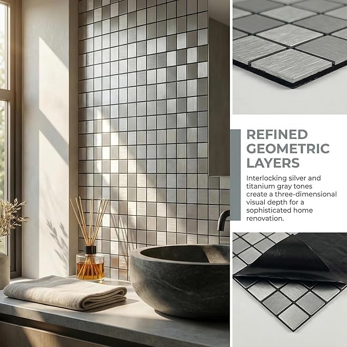 10pcs Waterproof Non-Slip Mosaic Wall Stickers, Heat-Resistant Self-Adhesive Tiles, Easy Cut & Peel for Kitchen Bathroom Bedroom Living Room (10, Silver)