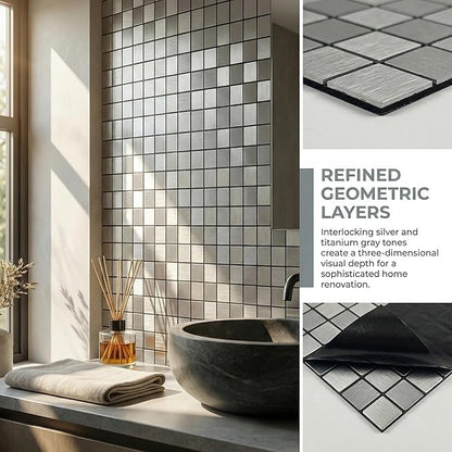 10pcs Waterproof Non-Slip Mosaic Wall Stickers, Heat-Resistant Self-Adhesive Tiles, Easy Cut & Peel for Kitchen Bathroom Bedroom Living Room (10, Silver)