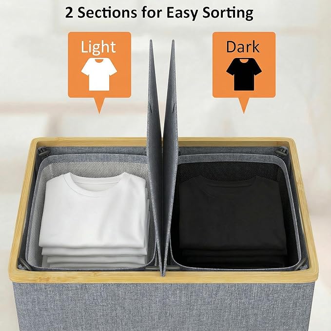 efluky Laundry Hamper with Lid, Double Laundry Hamper with 2 Removable Bags, 2 Section Laundry Basket with Bamboo Handles for Bathroom, Bedroom & Laundry Room, 140L (36.9 Gallon) Blue Grey