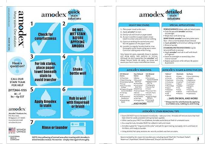Amodex Ink & Stain Remover Arsenal, Safe and Effective on Clothes, Leather and Skin, Full Set for all your Stain Removal Needs, Includes 2 Bottles, 1 Brush, 10 Wipes