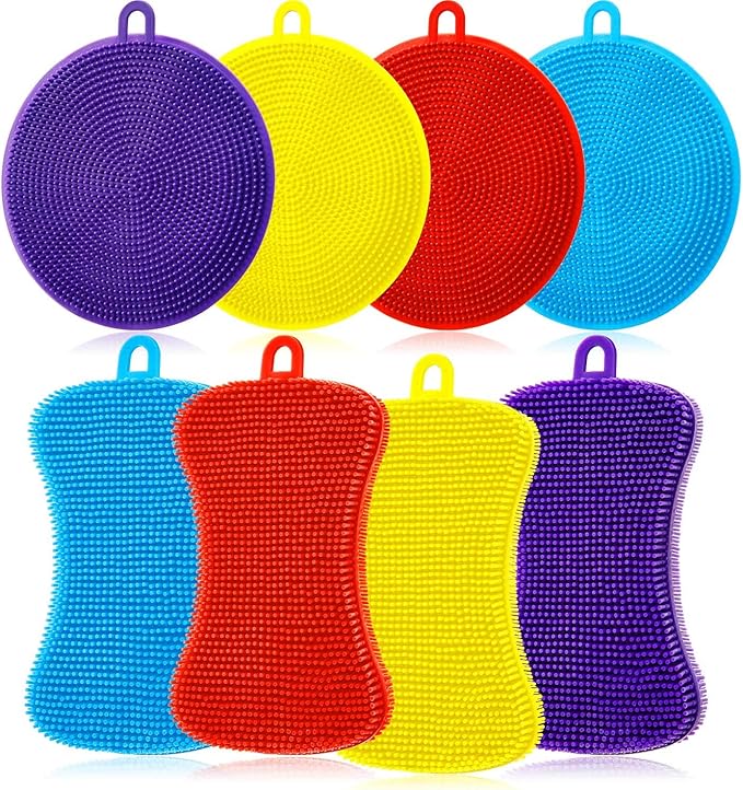 8 Pieces Silicone Sponge Silicone Scrubber Dish Brush Cleaning Sponges Circular and Soap-Shaped Silicone Dishwashing Brush Pad Double Sided Silicone Brush for Kitchen Dishes Fruits Vegetables