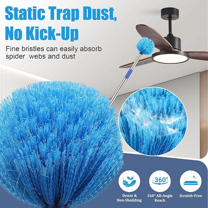 Cobweb Duster with Extension Pole - 4 FT Lightweight Stainless Steel Extendable Duster Ceiling Fan Duster for High Ceilings, Medium Stiff PET Bristle Spider Web Brush for Indoor/Outdoor Cleaning