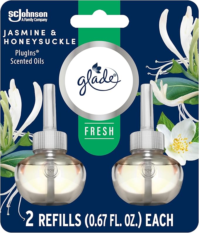 Glade PlugIns Refills Air Freshener, Jasmine & Honeysuckle, Scented and Essential Oils for Home and Bathroom, 0.67 Fl Oz, 2 Count