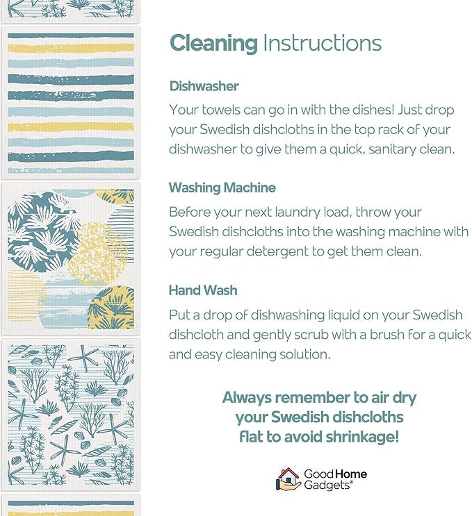 Swedish Dishcloths for Kitchen | 6-Pack Ocean Collection | Absorbent Reusable Swedish Dishcloths, Eco-Friendly Cellulose Sponge Dishtowels